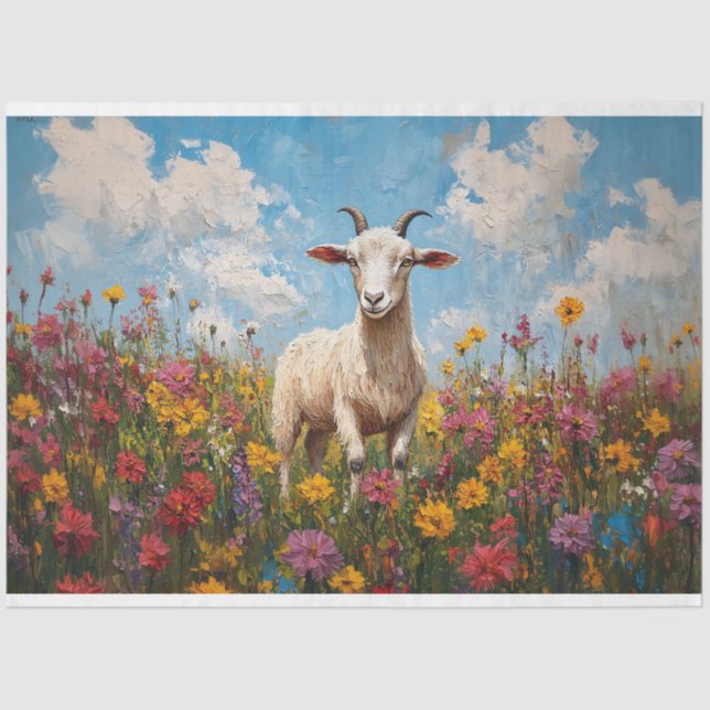 Goat in a Wildflower Field Painting Decoupage Tissue Paper (Front)