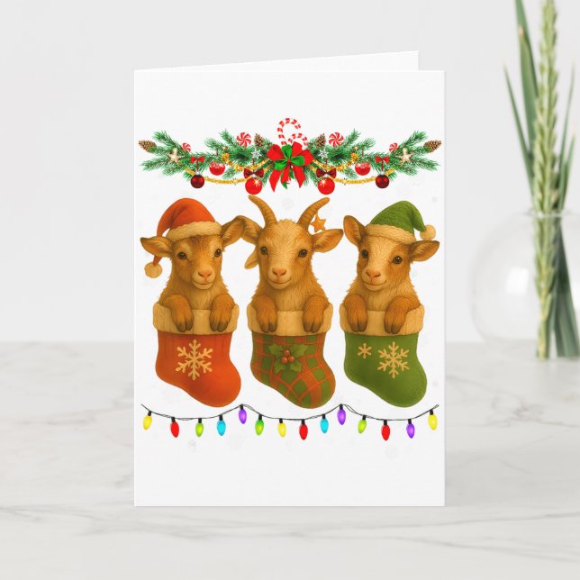 Goat In Christmas Socks Lights Goat Xmas  Card (Front)