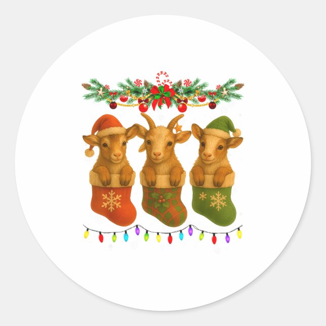 Goat In Christmas Socks Lights Goat Xmas  Classic Round Sticker (Front)