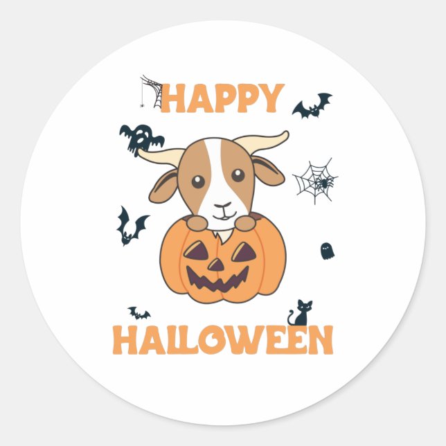 Goat In Pumpkin Cute Goats Happy Halloween Classic Round Sticker (Front)