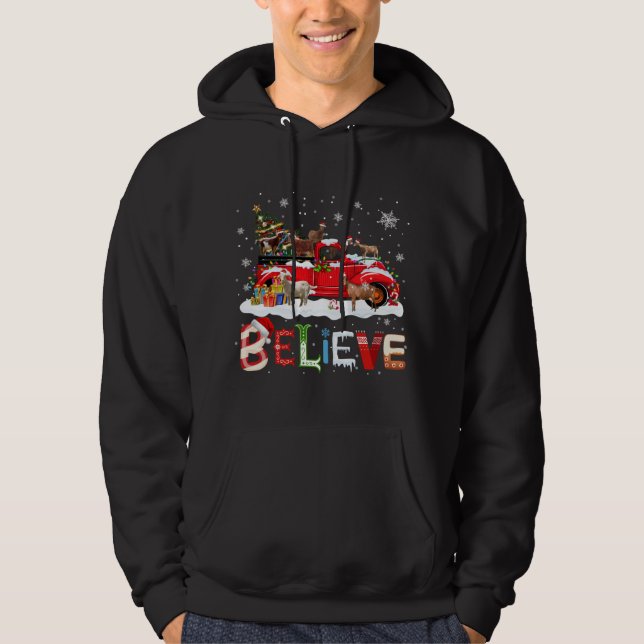 Goat Riding Red Truck Christmas Tree Believe Santa Hoodie (Front)