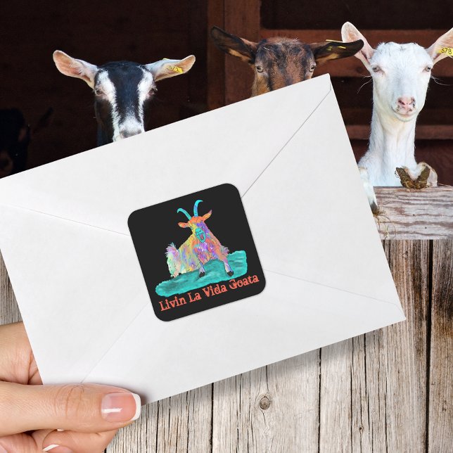 Goat Screaming Livin La Vida Goata Funny Slogan  Square Sticker (Funny screaming goat colorful farm animal art livin la Vida Goata Quote sticker)