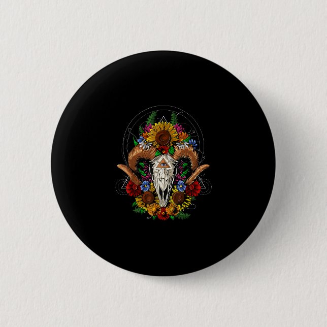 Goat Skull Psychedelic Sunflowers 6 Cm Round Badge (Front)