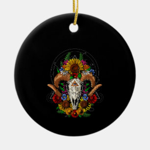 Goat Skull Psychedelic Sunflowers Ceramic Tree Decoration