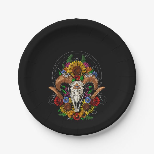 Goat Skull Psychedelic Sunflowers Paper Plate (Front)