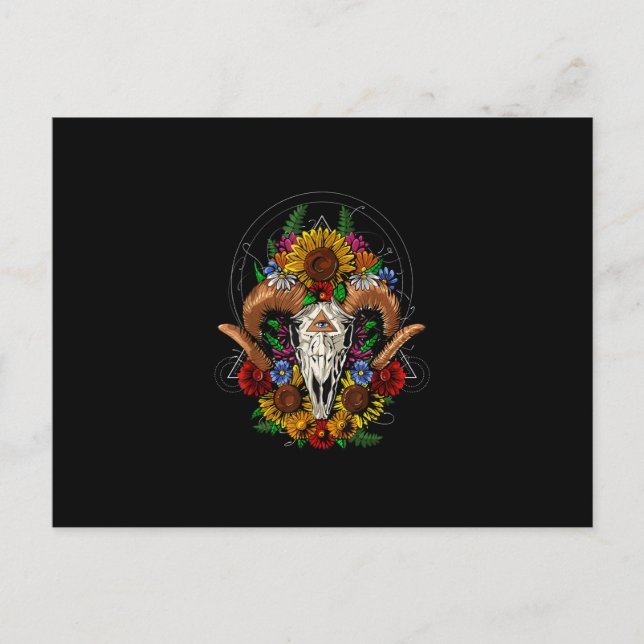 Goat Skull Psychedelic Sunflowers Postcard (Front)