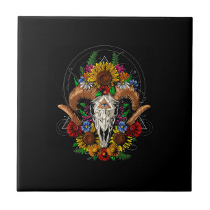 Goat Skull Psychedelic Sunflowers Tile