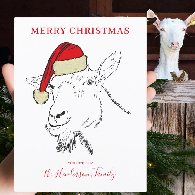Goat wearing a Santa Hat illustration Budget Holiday Postcard (Merry Christmas goat wearing a santa hat custom holiday greetings postcard simple farm animal art)