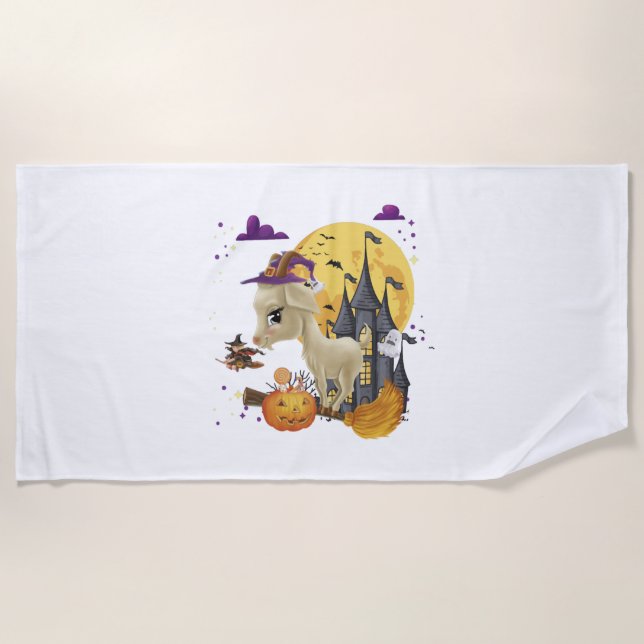 Goat Witch Broom Pumpkin Halloween Costume Beach Towel (Front)