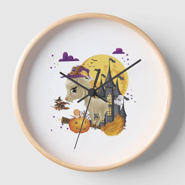 Goat Witch Broom Pumpkin Halloween Costume Clock (Front)