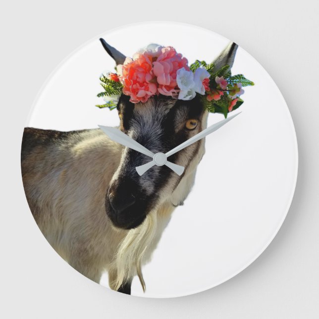 Goat with flower crown, animal with flower crown,  large clock (Front)