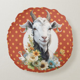 Goat with flowers on polka dots background  round cushion