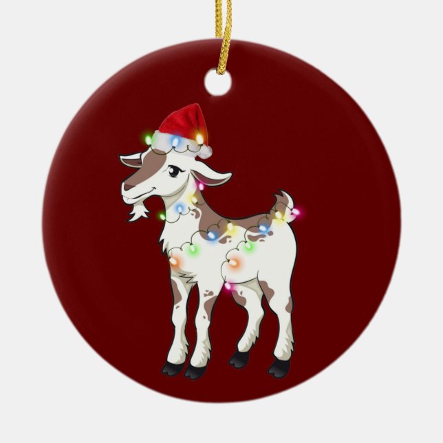 Goat With Hat Lights Christmas Ceramic Tree Decoration (Front)