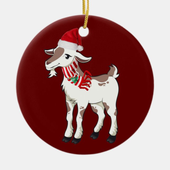 Goat With Hat Scaft Christmas Ceramic Tree Decoration (Front)