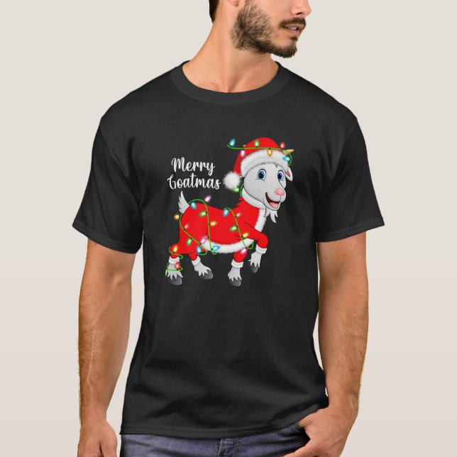 Goat Xmas Lights Funny Santa Costume Goat Christma T-Shirt (Front)