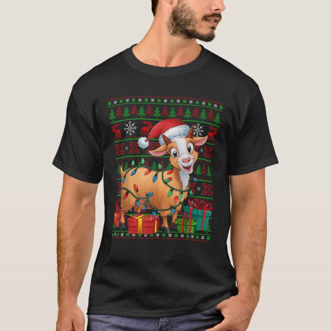 Goat Xmas Lights Ugly Santa Hat Goat Christmas  T-Shirt (Front)