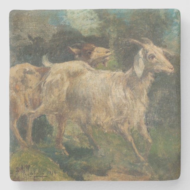 Goats (by Vincenzo Caprile) Stone Coaster (Front)