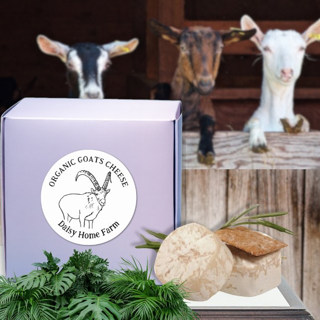 Goats Cheese Black and White Business Name Classic Round Sticker (Organic goats cheese custom business name labels black and white simple farm goat drawing)