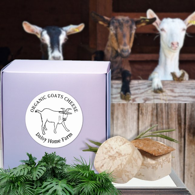 Goats Cheese Business Name Simple Black and White Classic Round Sticker (Goats cheese custom business name product labels simple black and white cute farm goat drawing)