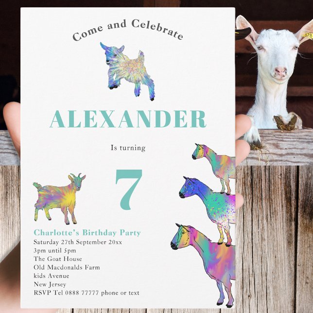 Goats Colourful Farm Animal Art 7th Birthday Party Invitation (Cute goats colorful farm animal watercolor art 7th birthday party invitation )