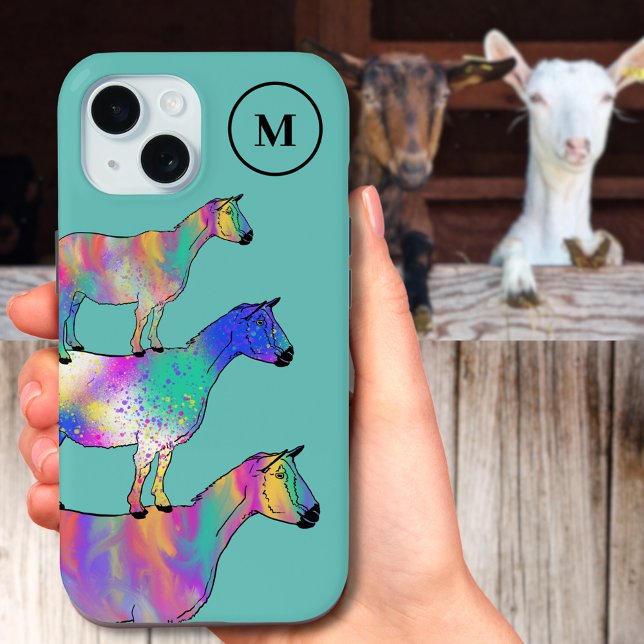Goats Colourful Farm Animal Art Monogram  Case-Mate iPhone Case (Colorful goats standing on things illustration monogram initial phone case)