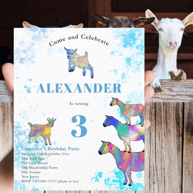 Goats Colourful Farm Animals 3rd Birthday Party Invitation (Cute goats colorful farm animal watercolor art 3rd birthday party blue invitation)