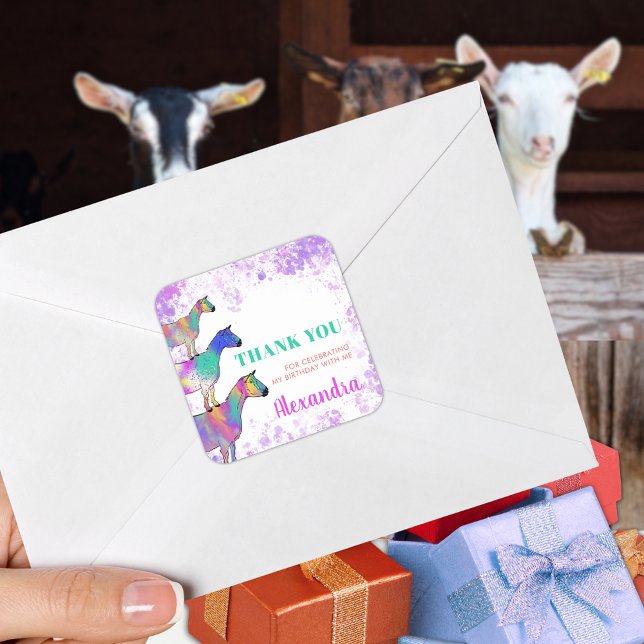Goats Cute Farm Animal Birthday Party Thank You Square Sticker (Cute goats colorful animal art birthday party thank you custom sticker)