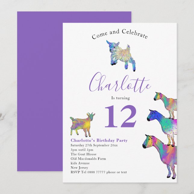 Goats Farm Animal Birthday Party Purple Invitation (Front/Back)