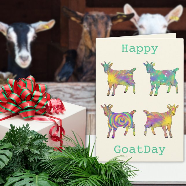 Goats Funny Colourful Animal Art Humour Birthday Card (Cute goats colorful farm animal art fun birthday greetings card)