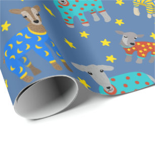 Goats in Pyjamas with Stars Blue Patterned Wrapping Paper