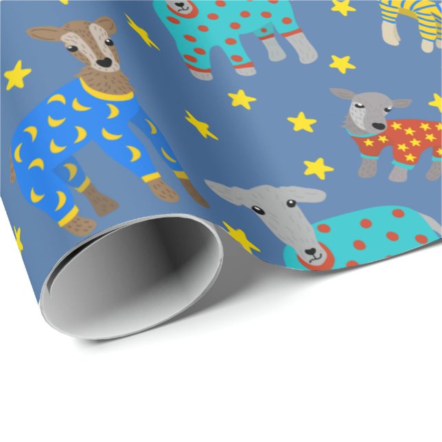 Goats in Pyjamas with Stars Blue Patterned Wrapping Paper (Roll Corner)