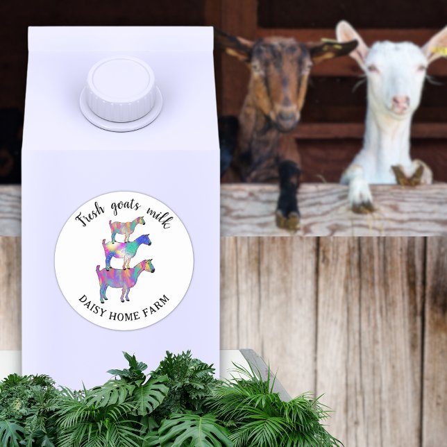 Goats Milk Business Name Classic Round Sticker (Fresh goats milk custom business name product label sticker with funny colorful farm animal art)