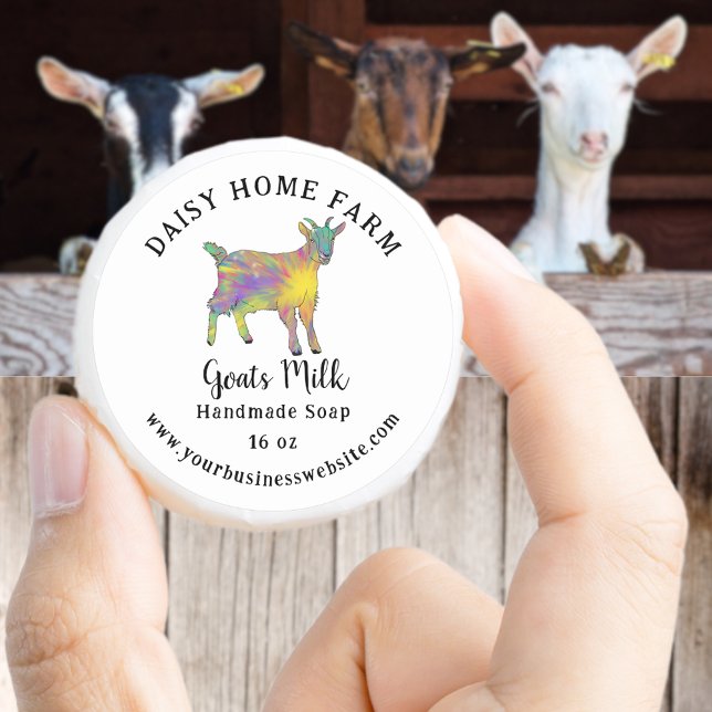 Goats Milk Soap Business Name and Website Classic Round Sticker (Goats milk handmade soap custom business name & website product label cute goat colorful watercolor)