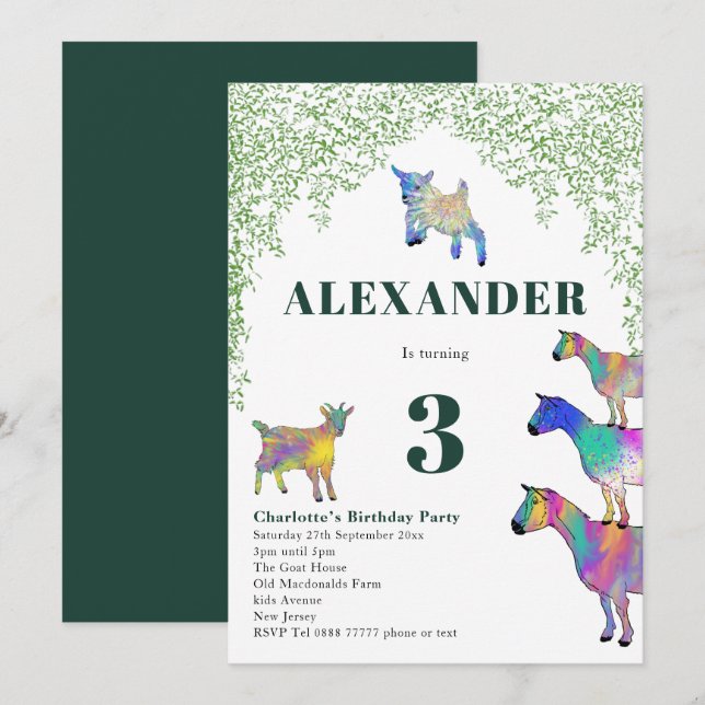 Goats Watercolor Birthday Party Green Invitation (Front/Back)