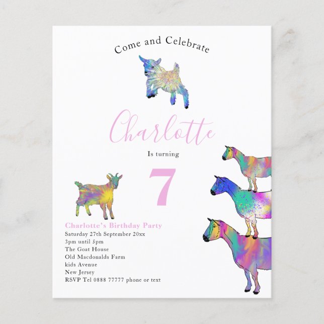 Goats Watercolor Birthday Party Pink Budget Flyer (Front)