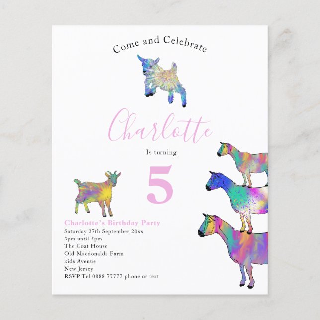 Goats Watercolor Girls Birthday Party Budget Flyer (Front)
