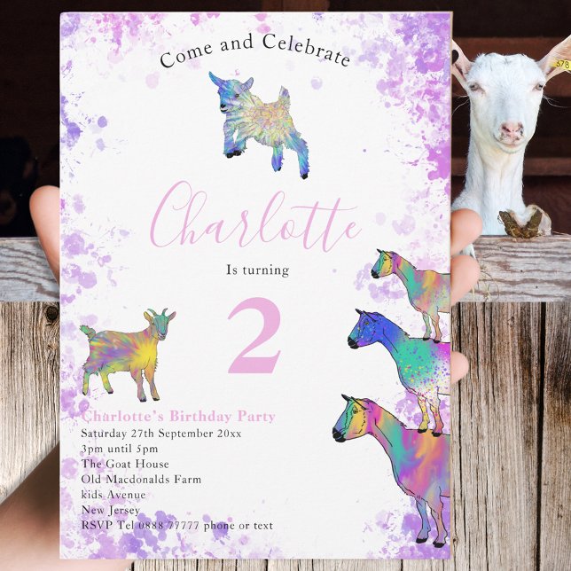 Goats Watercolor Girls Birthday Party Pink Invitation (Cute goat colorful watercolor farm animals 2nd birthday party invitation in pink purple blue yellow)