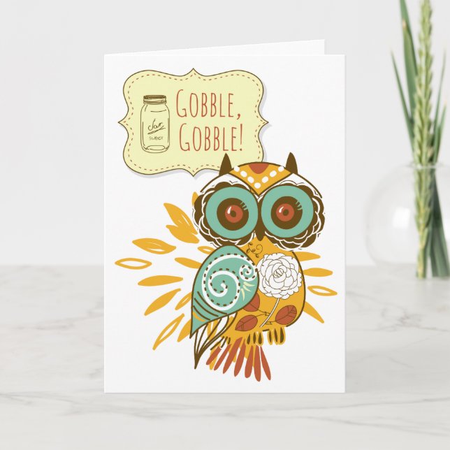 Gobble Gobble Floral Orange Owl Thanksgiving Holiday Card (Front)