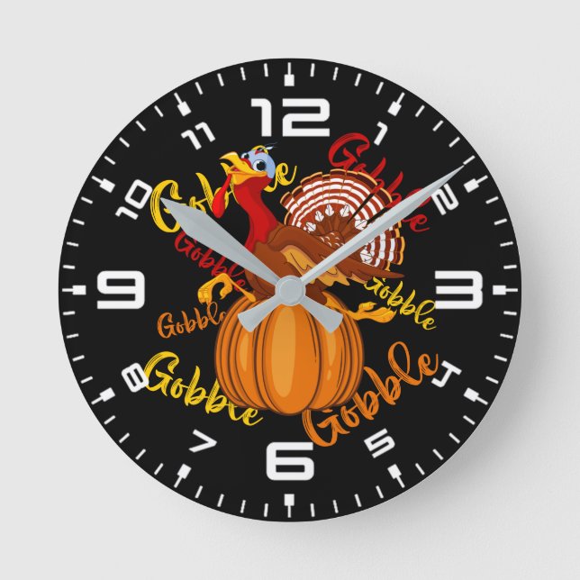 Gobble Gobble Gobble Pumpkin  Round Clock (Front)