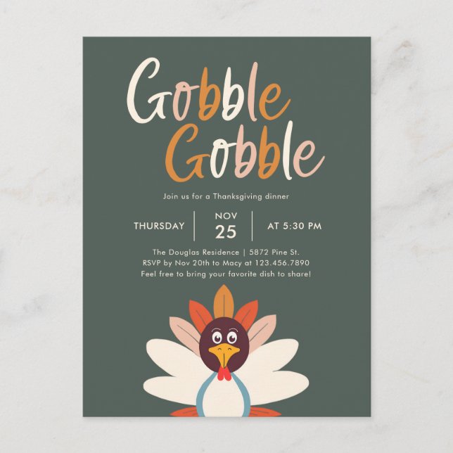 Gobble Gobble Thanksgiving Dinner Party Invitation Postcard (Front)