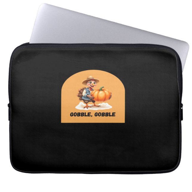 Gobble, Gobble Thanksgiving Turkey with Pumpkin Cl Laptop Sleeve (Front)