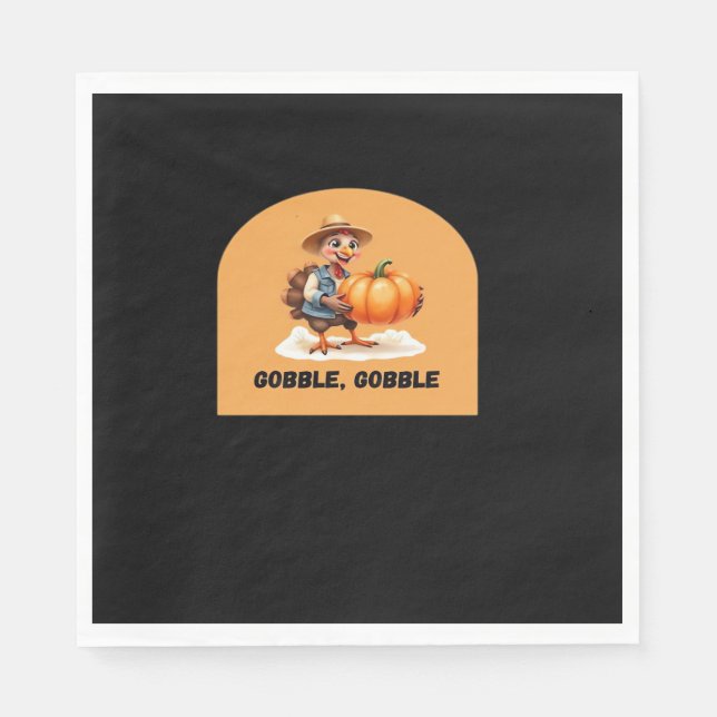 Gobble, Gobble Thanksgiving Turkey with Pumpkin Cl Napkin (Front)
