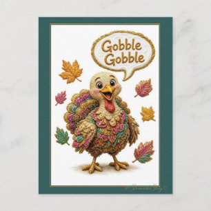 Gobble Gobble Turkey and Fall Leaves Postcard