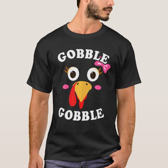 Gobble Gobble Turkey Face Girl Pink Bow Kids Thank T-Shirt (Front)