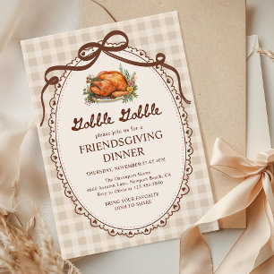 Gobble Gobble Turkey Gingham Friendsgiving Dinner Invitation