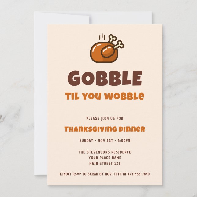 Gobble Til You Wobble Funny Thanksgiving Dinner Invitation (Front)
