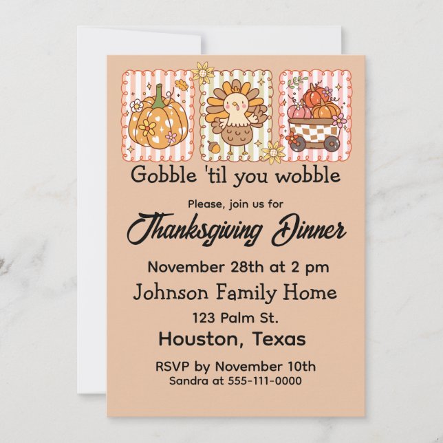  Gobble 'Til You Wobble Thanksgiving Dinner Invitation (Front)