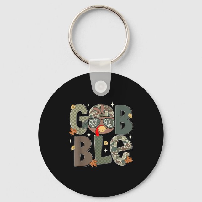 Gobble Turkey Camo Hat Thanksgiving Boys Youth Kid Key Ring (Front)