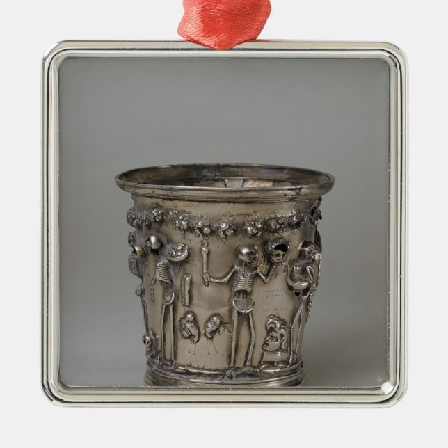 Goblet embossed with skeletons holding masks metal tree decoration (Front)