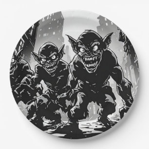 Goblin Demons Derelict City BW Retro Comic Style Paper Plate